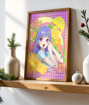 Anime-Mädchen mit leuchtenden Blumen und lila Haaren auf buntem Hintergrund