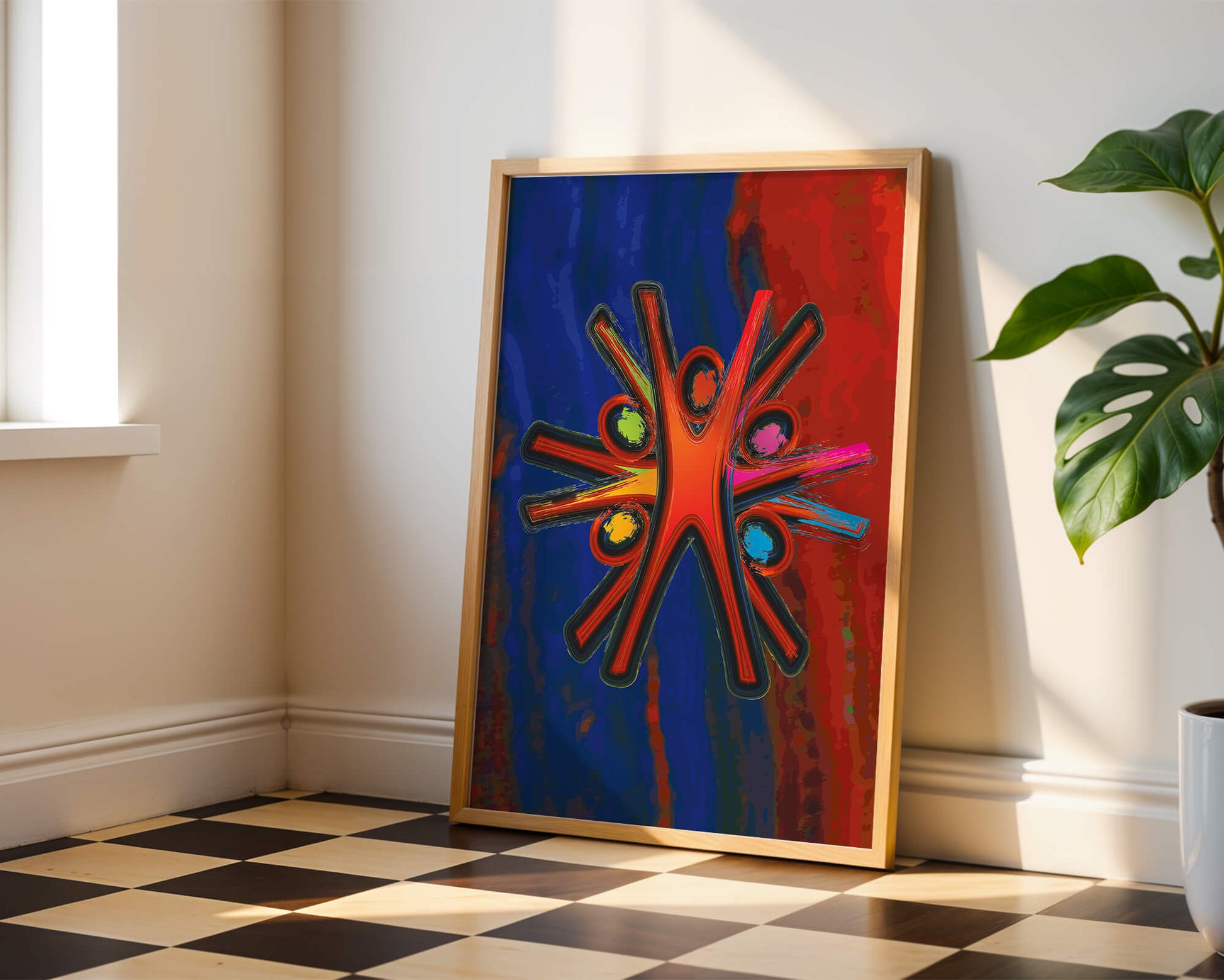 Abstract art with dynamic figures and vibrant colors