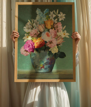 Floral arrangement in a decorative vase on a green background