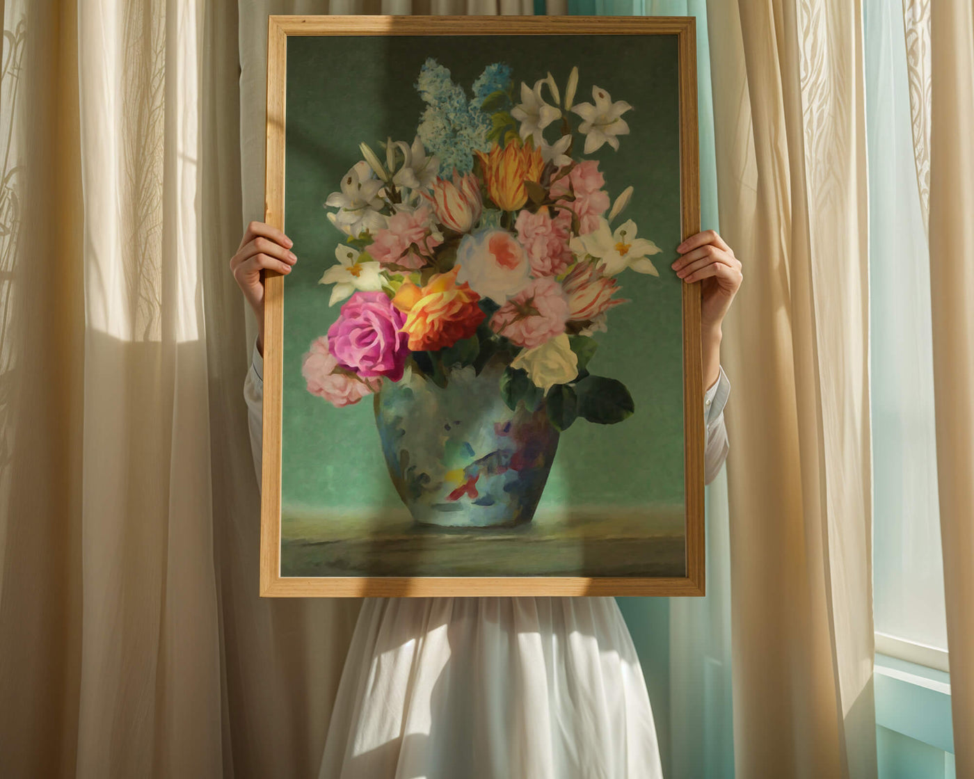Floral arrangement in a decorative vase on a green background
