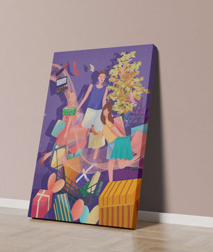 Illustration d'une expérience de shopping joyeuse en famille avec des cadeaux et des couleurs vives