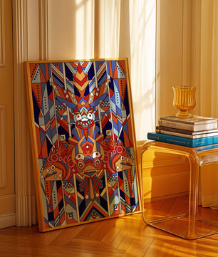 Arte tribal geométrico con colores vibrantes y patrones simétricos