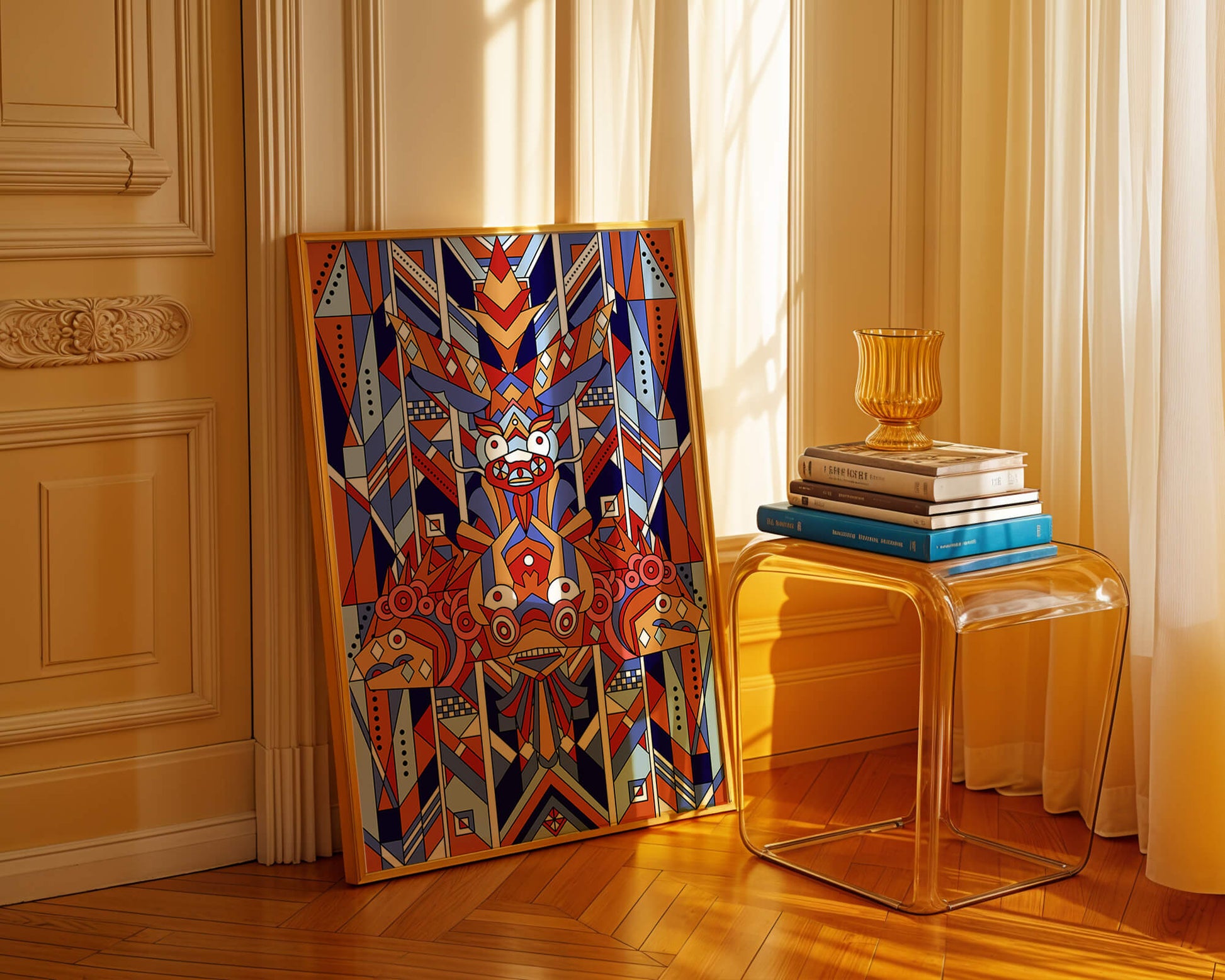 Arte tribal geométrico con colores vibrantes y patrones simétricos