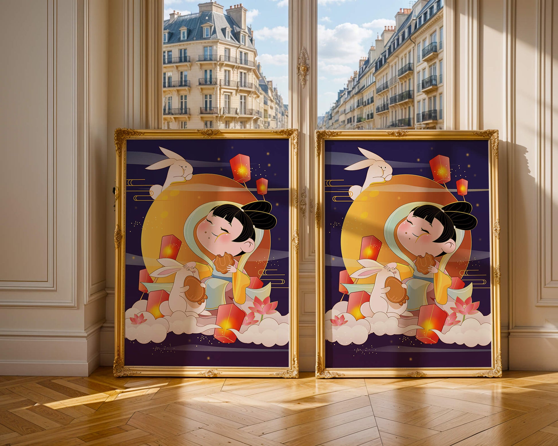 Illustration de déesse de la lune avec des lapins et des lanternes sur fond de mi-automne