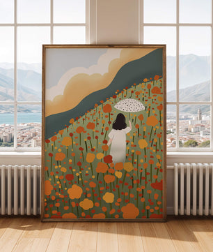 Woman with Umbrella in Blooming Field on a Sunny Day