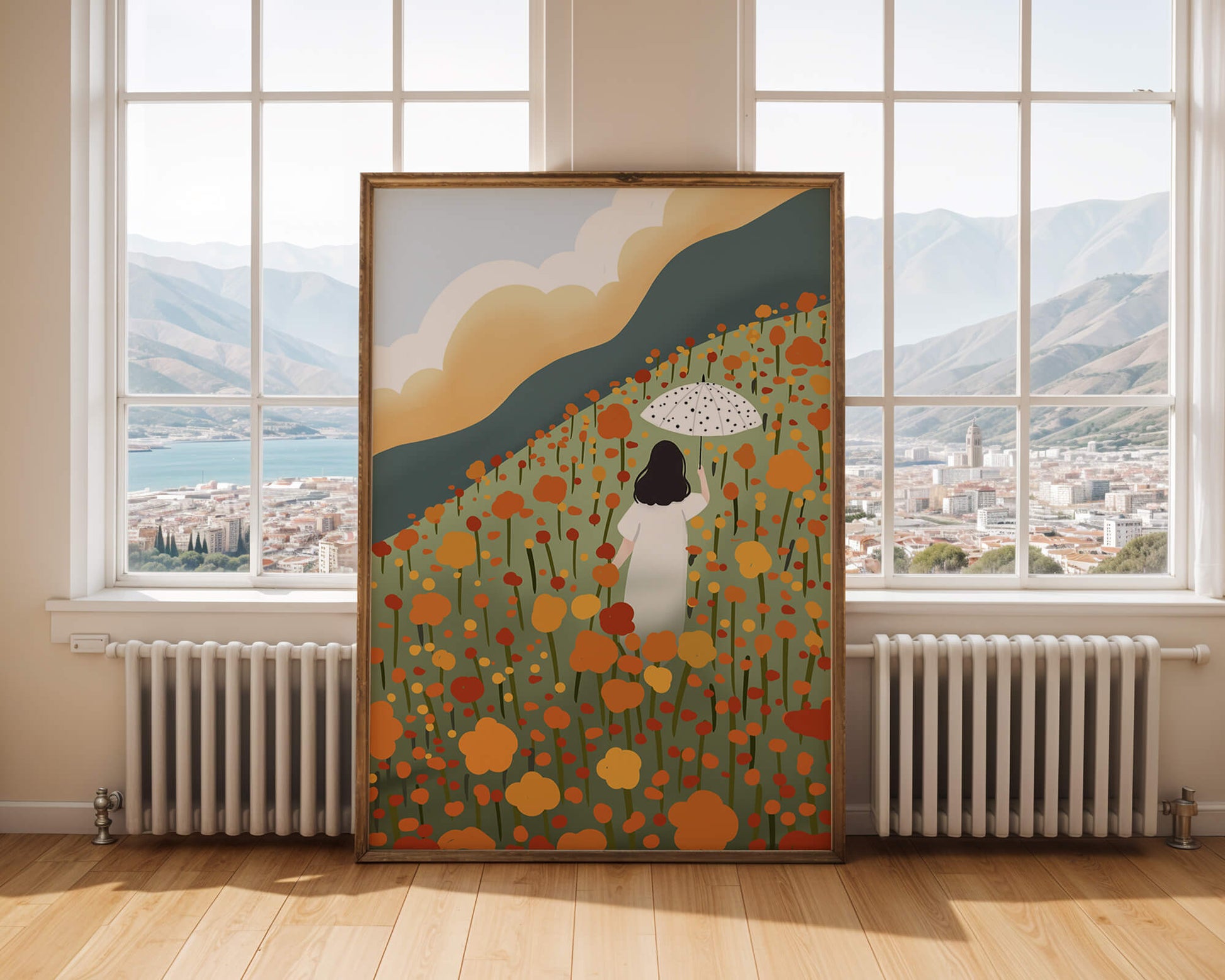 Woman with Umbrella in Blooming Field on a Sunny Day