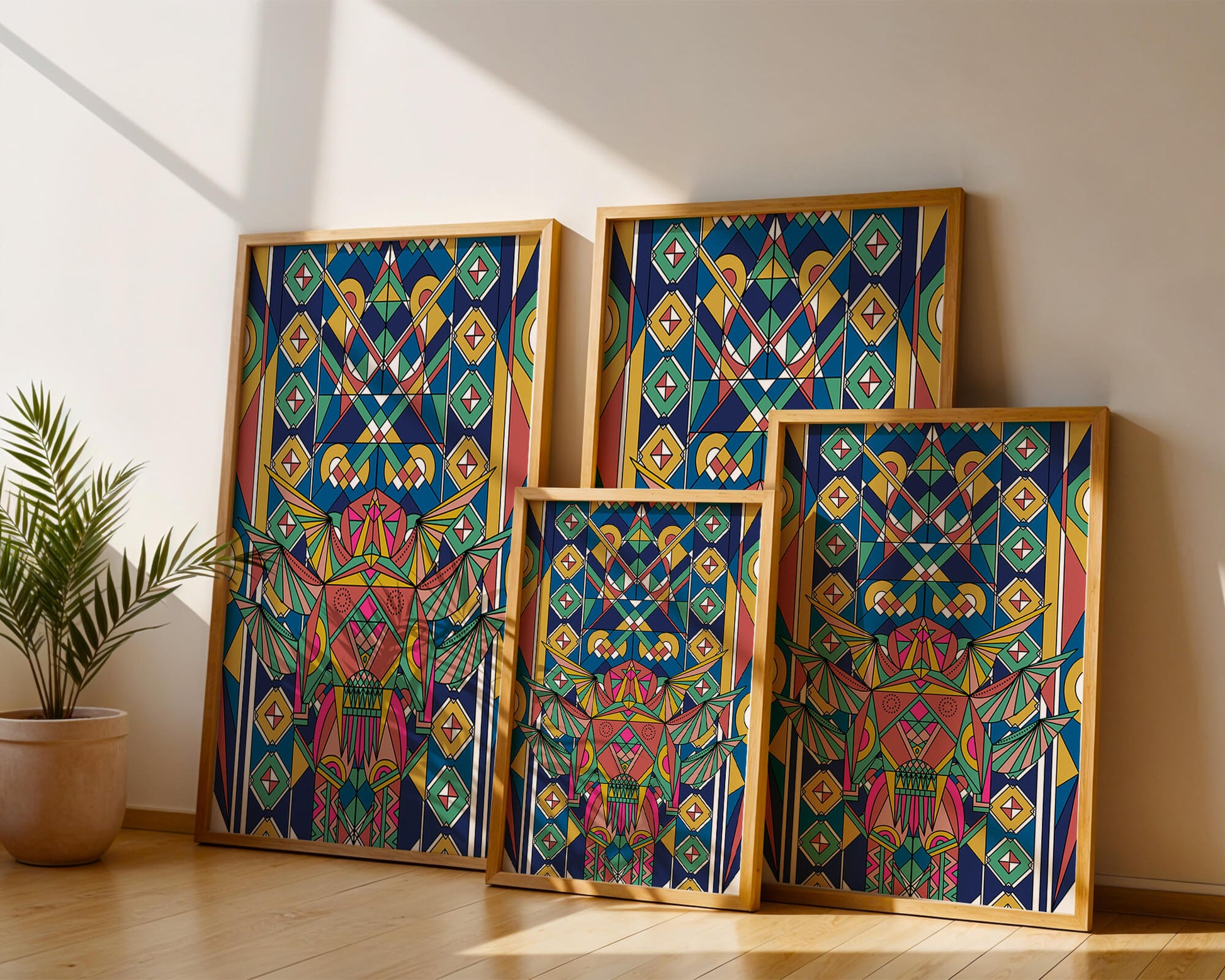 Obra de arte abstracta geométrica colorida con patrones simétricos