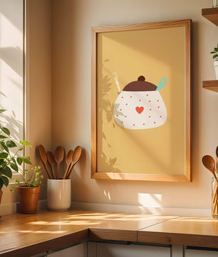 Ilustración de una olla decorada con corazones y vapor sobre fondo amarillo