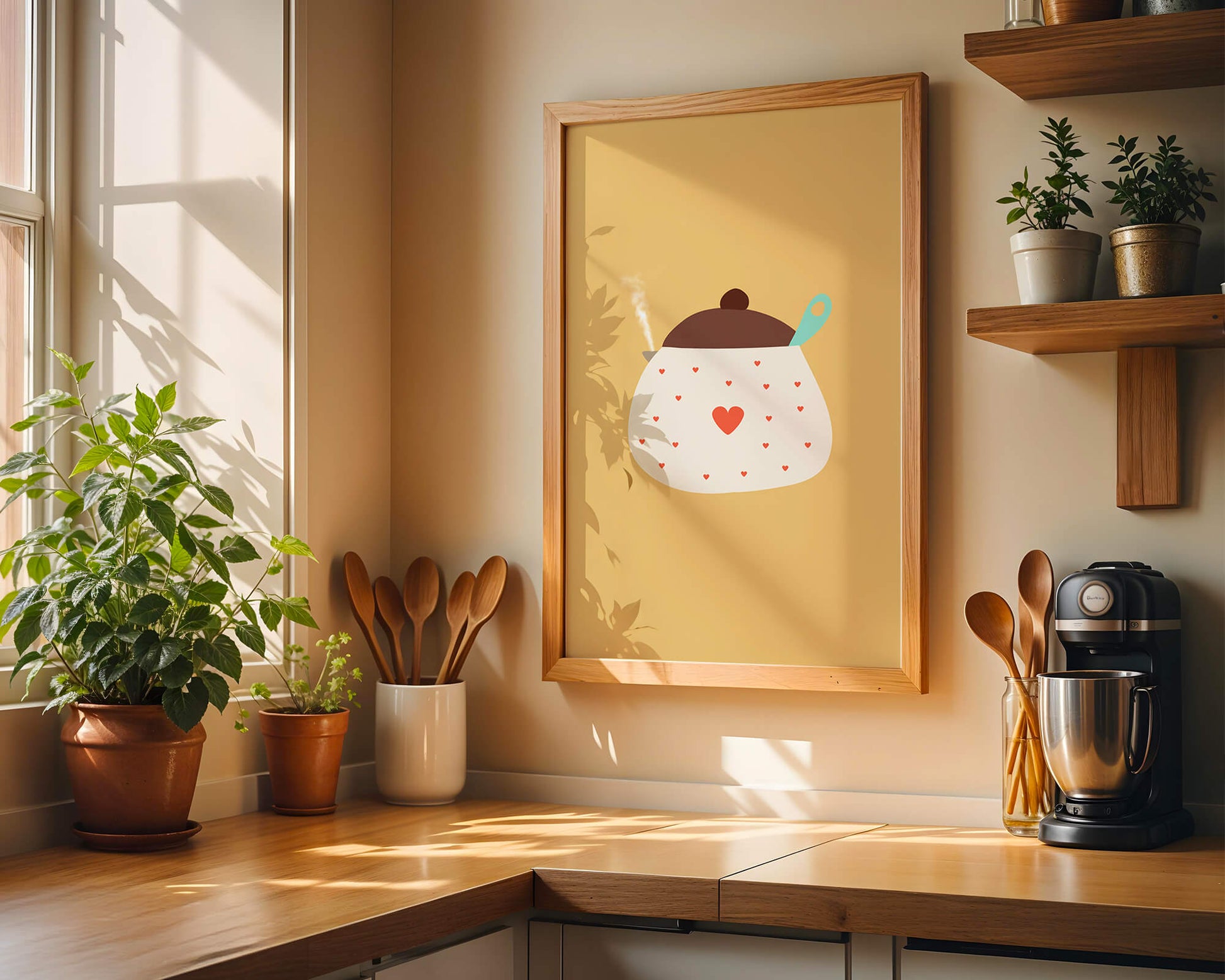 Illustration of a heart-adorned cooking pot with steam on a yellow background