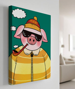 Cerdo elegante con gafas de sol y pipa contra un cielo turquesa