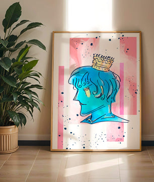 Illustration artistique d’un personnage au visage bleu avec une couronne dorée sur un fond abstrait