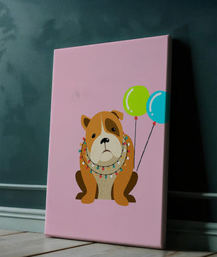 Perro de dibujos animados adorable con luces festivas y globos coloridos sobre fondo rosa