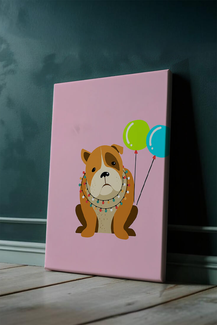 Perro de dibujos animados adorable con luces festivas y globos coloridos sobre fondo rosa