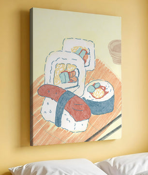 Illustration of assorted sushi on a wooden board
