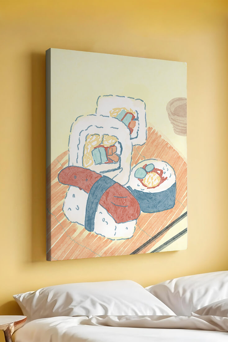 Illustration of assorted sushi on a wooden board
