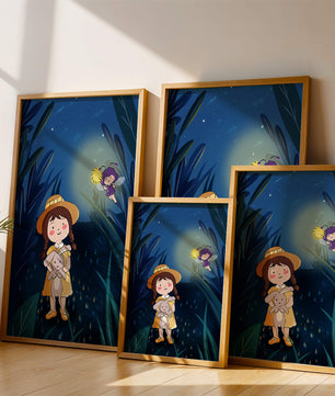 Ilustración de una chica en un bosque con una luciérnaga mágica por la noche