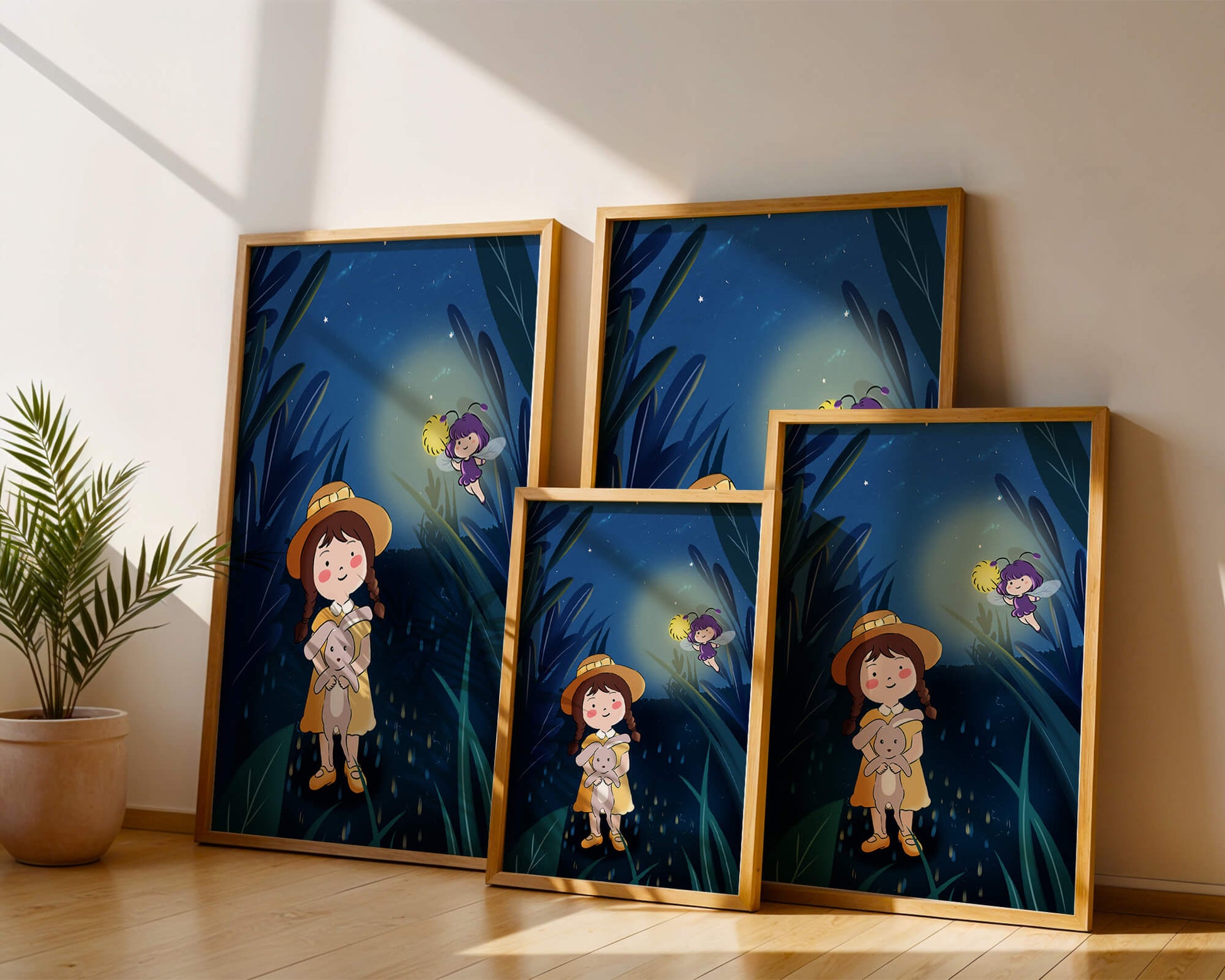 Ilustración de una chica en un bosque con una luciérnaga mágica por la noche