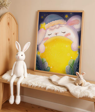 Sleepy rabbit with starry hat holding a glowing ball in a dreamy night scene