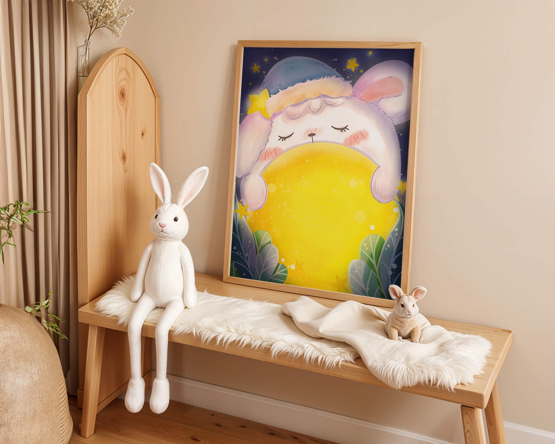 Sleepy rabbit with starry hat holding a glowing ball in a dreamy night scene