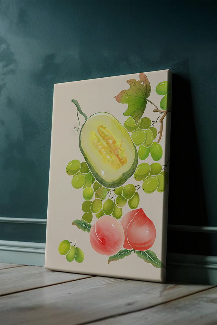 Ilustración de frutas vibrantes que incluye uvas, melón y duraznos