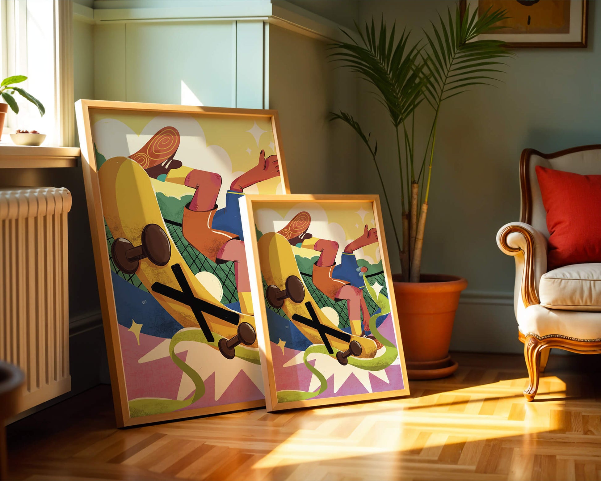 Ilustración abstracta colorida con un skater en movimiento dinámico