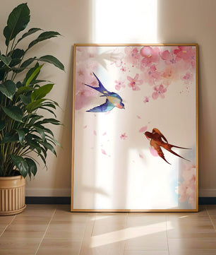 Pájaros coloridos y flores rosadas en una escena primaveral acuarelada
