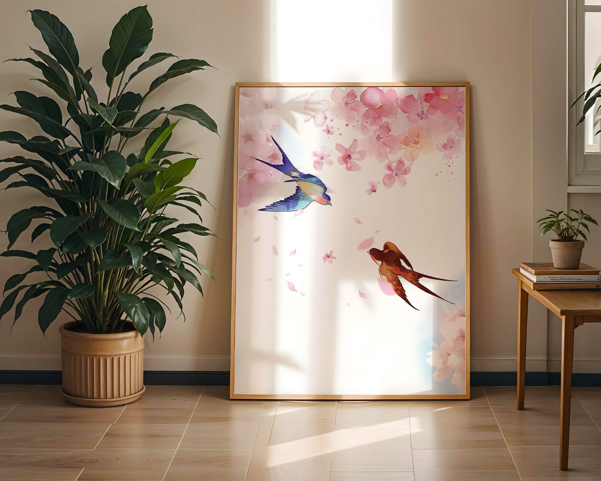 Pájaros coloridos y flores rosas en una escena primaveral de acuarela
