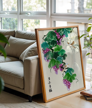 Watercolor grapevine and birds illustration with traditional art style