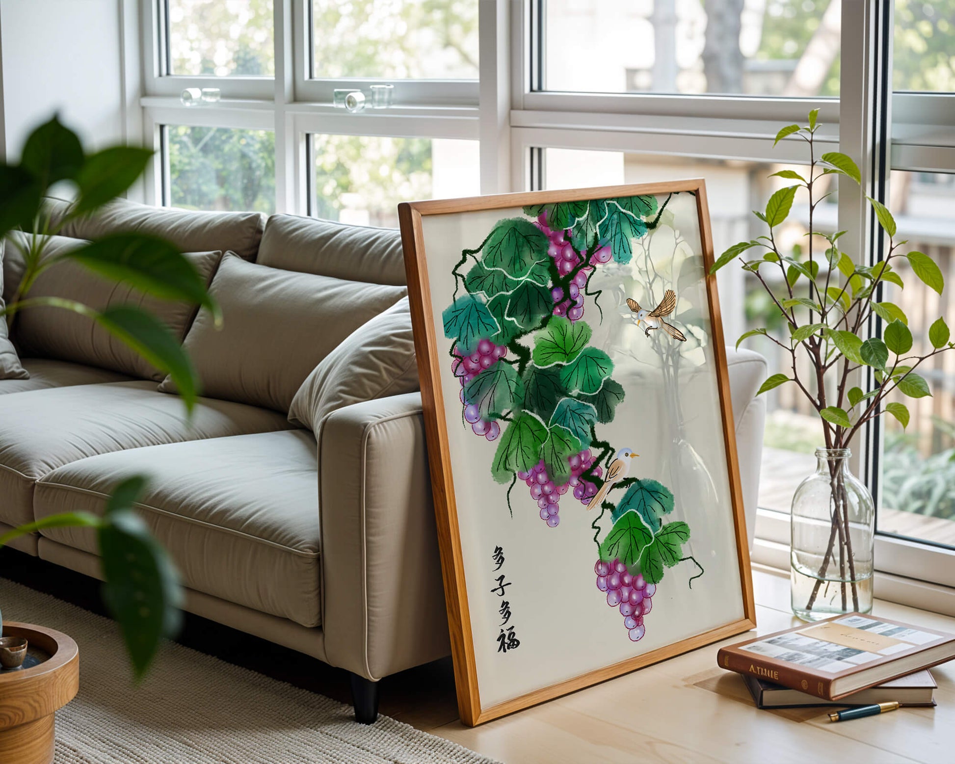 Watercolor grapevine and birds illustration with traditional art style