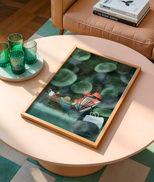 Garden Scene with Flowers, Table, and Chair in a Leafy Backdrop