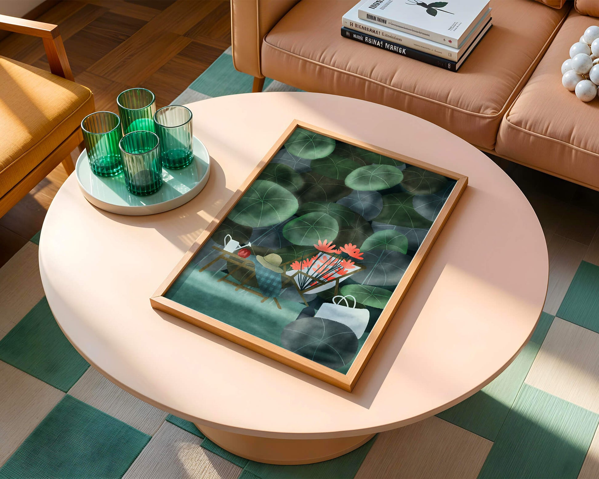 Garden Scene with Flowers, Table, and Chair in a Leafy Backdrop
