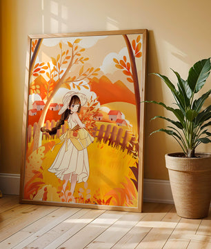 Illustration of a Girl in a Yellow Dress in Autumn Scenery
