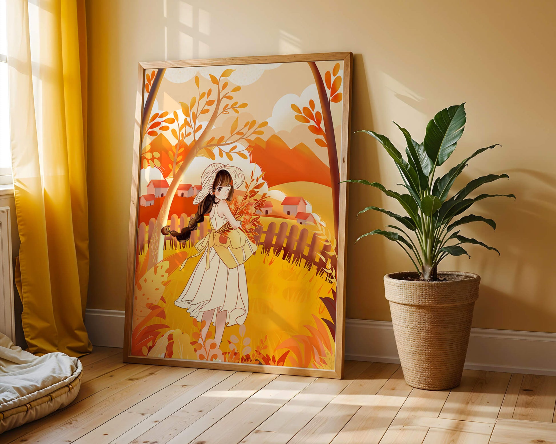 Illustration of a Girl in a Yellow Dress in Autumn Scenery