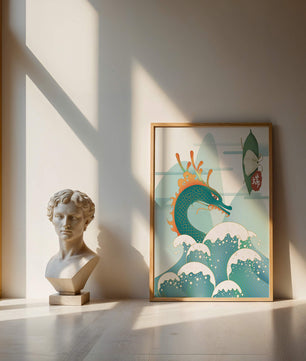 Illustration d’un dragon avec des vagues et des éléments traditionnels chinois