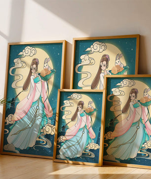 Traditional Asian-inspired artwork featuring a woman and rabbit under a moonlit sky