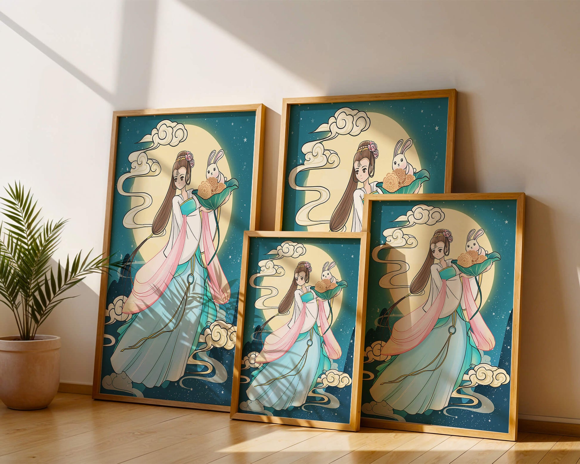 Traditional Asian-inspired artwork featuring a woman and rabbit under a moonlit sky
