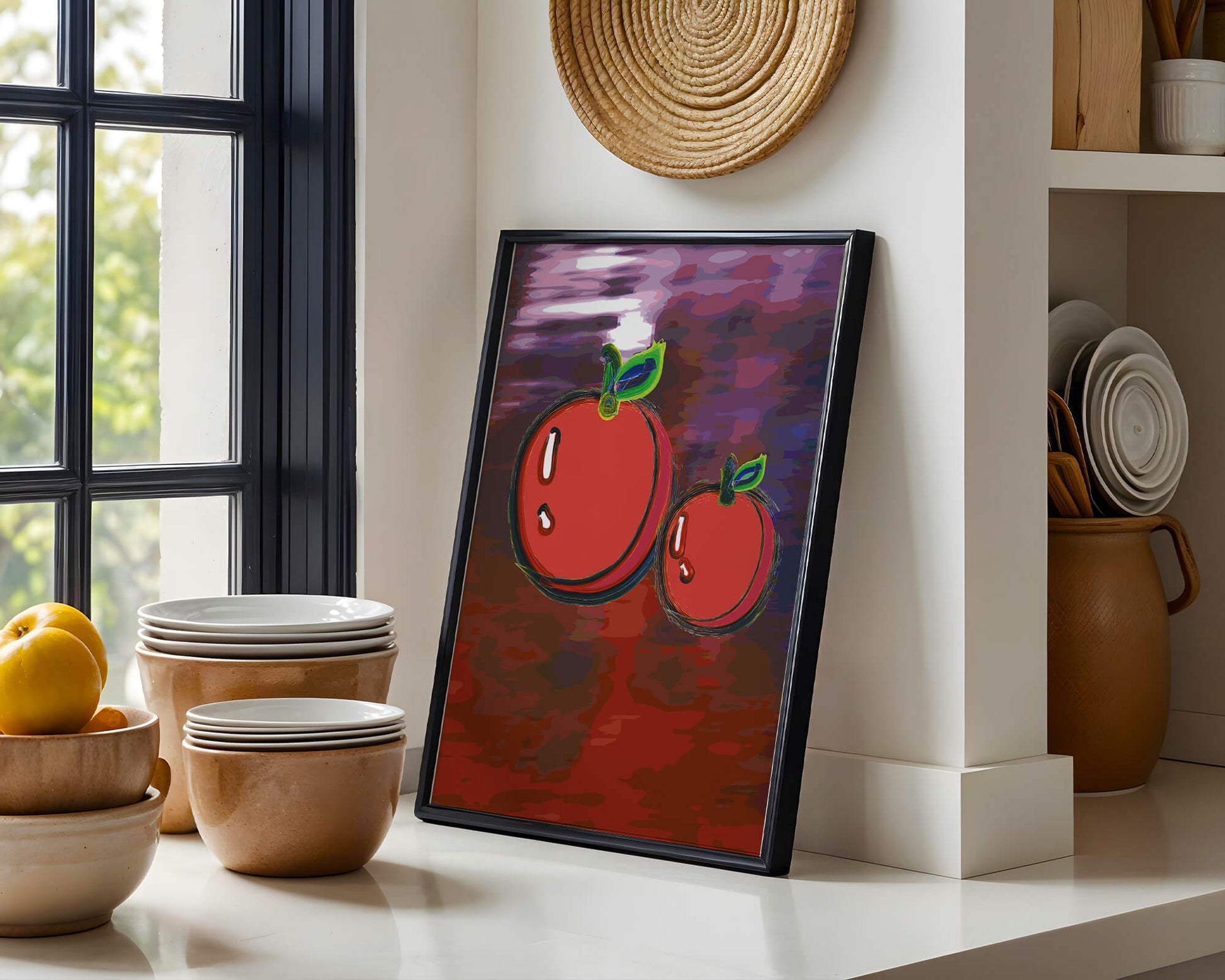 Dos manzanas abstractas con fondo colorido