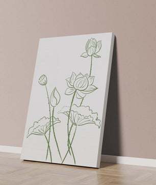 Ilustración de arte de línea verde de flores de loto con capullos