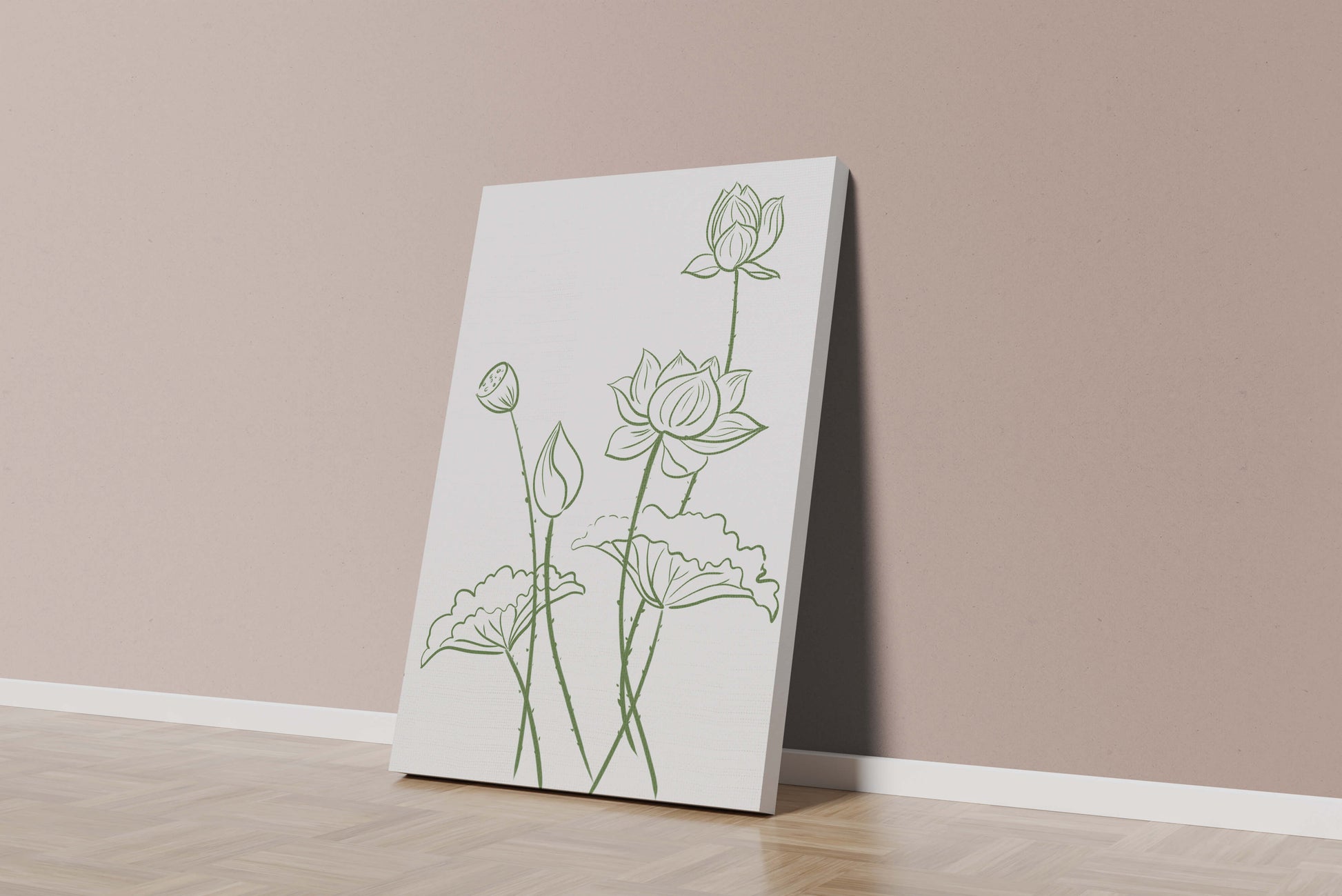 Ilustración de arte lineal verde de flores de loto con capullos