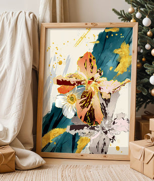 Obra de arte floral abstracta elegante con detalles dorados
