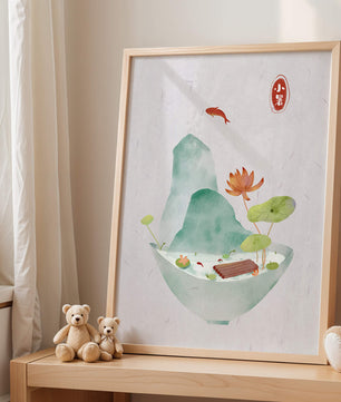 Paysage tranquille avec poissons, lotus et montagne dans un bol