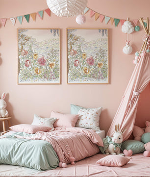Charming Garden with Bunnies and Blossoming Trees