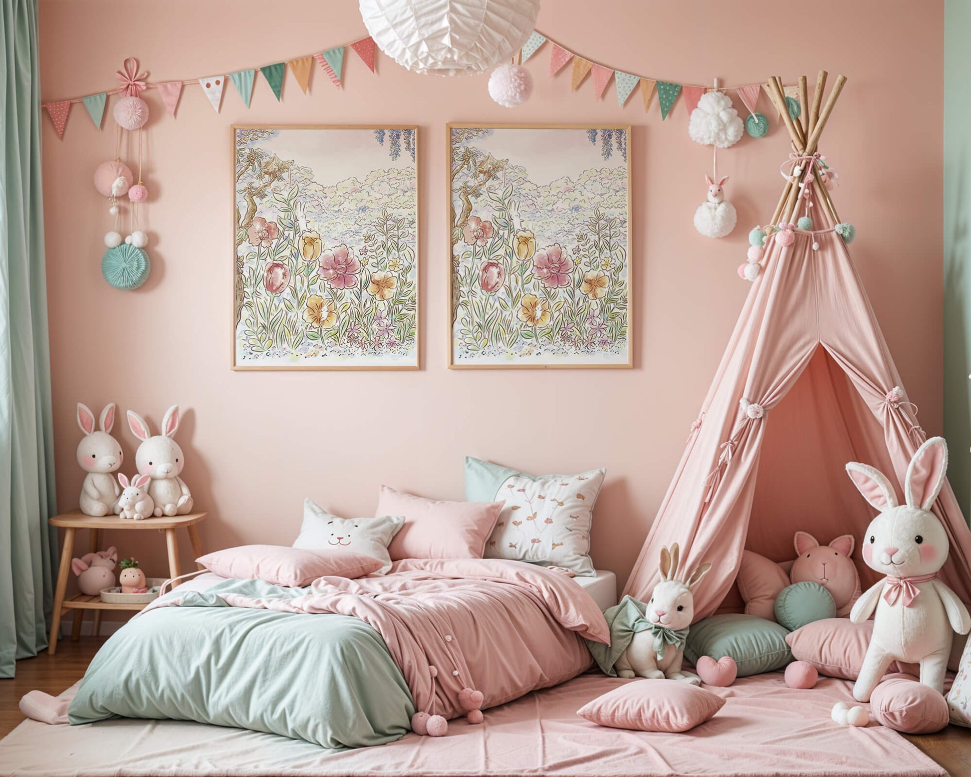 Charming Garden with Bunnies and Blossoming Trees
