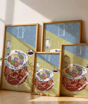 Colorful dumplings and tea set on decorative mat