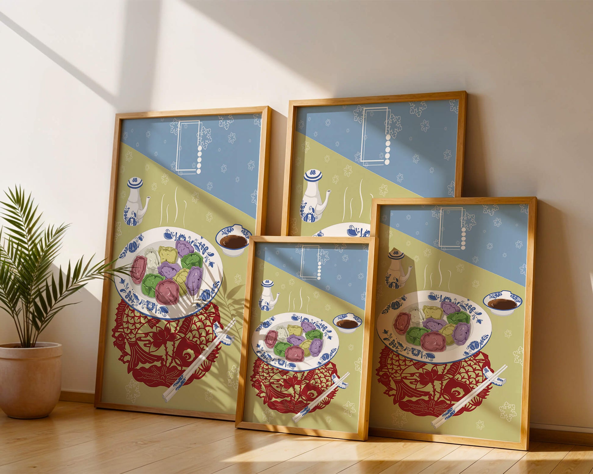 Colorful dumplings and tea set on decorative mat