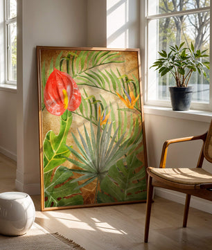 Colorful botanical illustration with tropical leaves on textured background