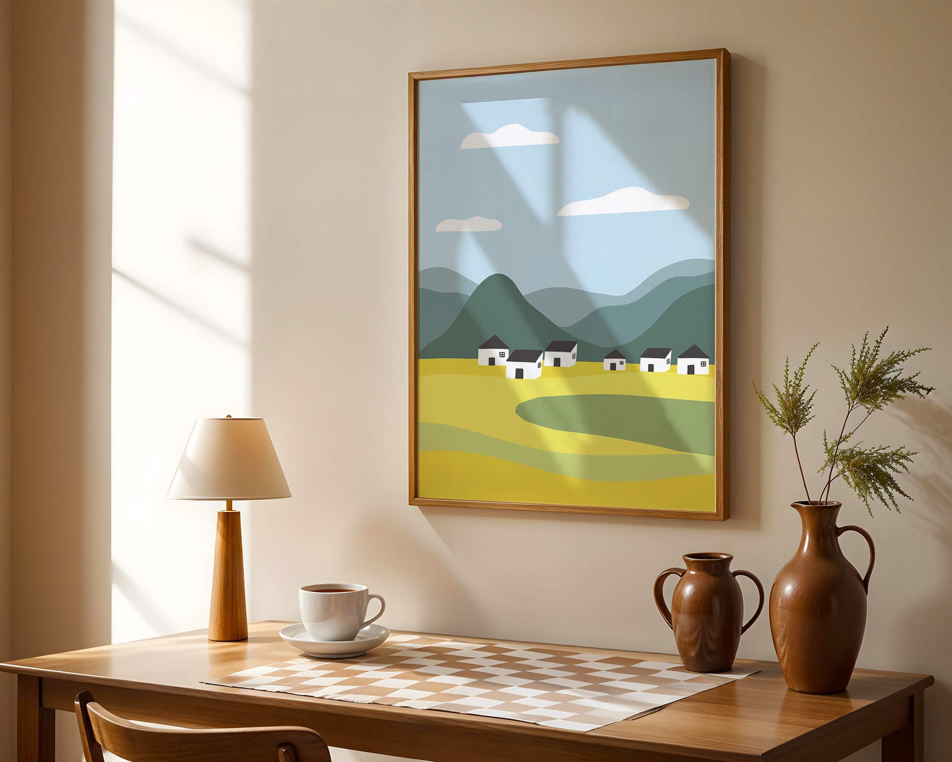 Pastoral Landscape with Mountains and Houses Under Blue Sky