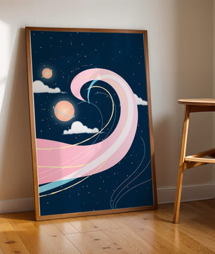 Cosmic Waves and Planets with Whimsical Pink Swirls and Stars - Mi tienda