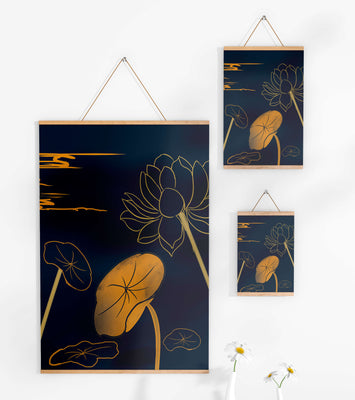 Golden Lotus Flowers in Abstract Night Sky