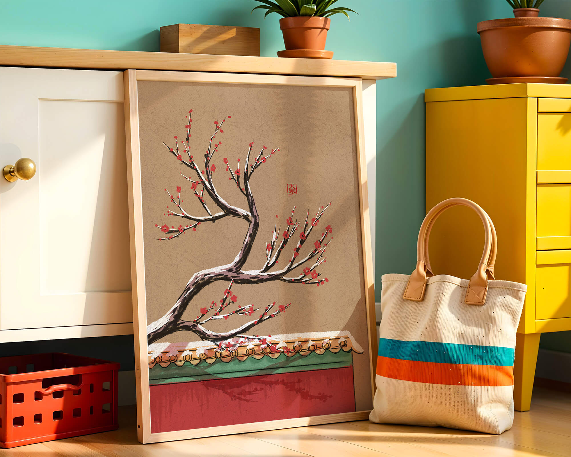 Illustration of blooming plum branch over traditional rooftop